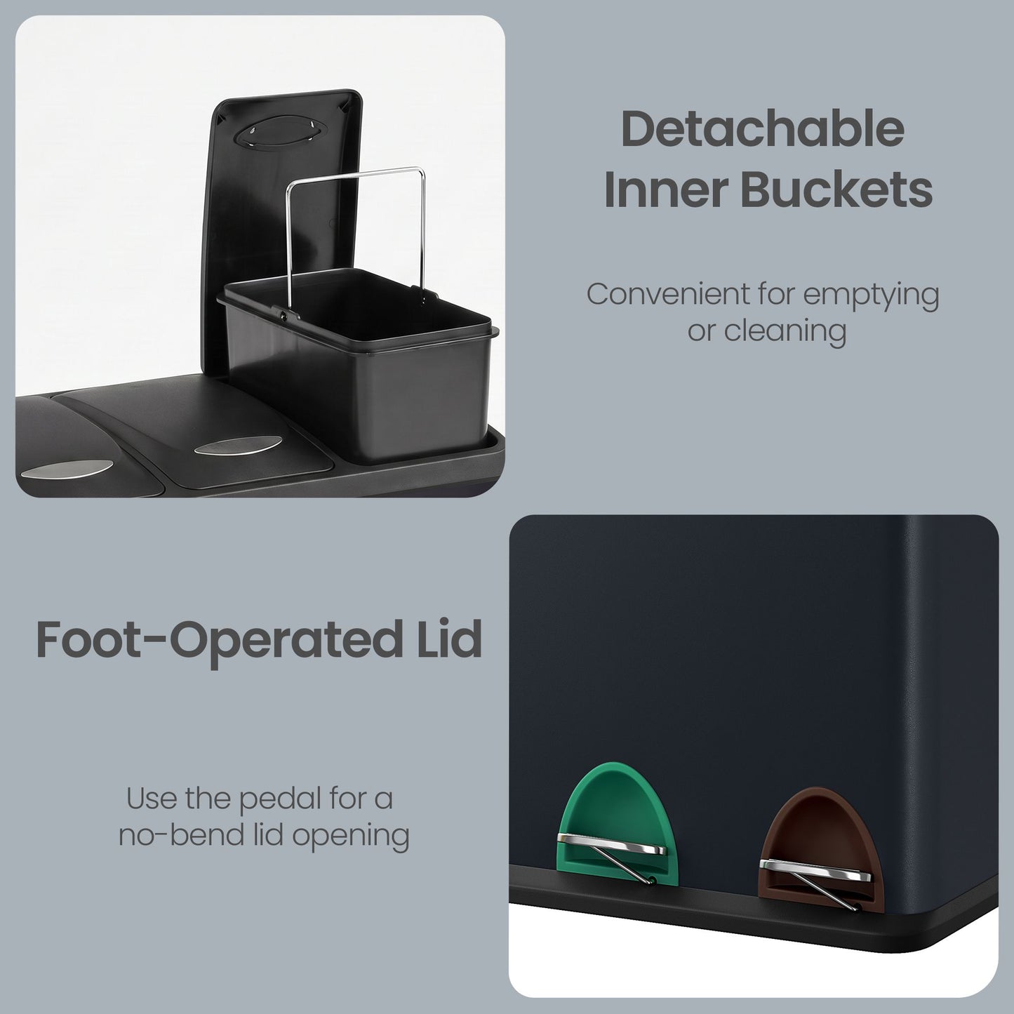 3 x 8 L Metal Kitchen Rubbish Bin, Pedal Trash Bin for Waste and Recycling, with Lids and Inner Buckets - image 7