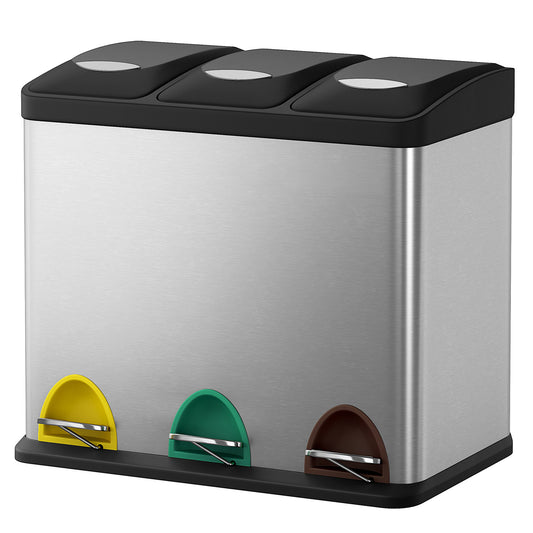 3 x 8 L Metal Kitchen Rubbish Bin, Pedal Trash Bin for Waste and Recycling, with Lids and Inner Buckets - image 1