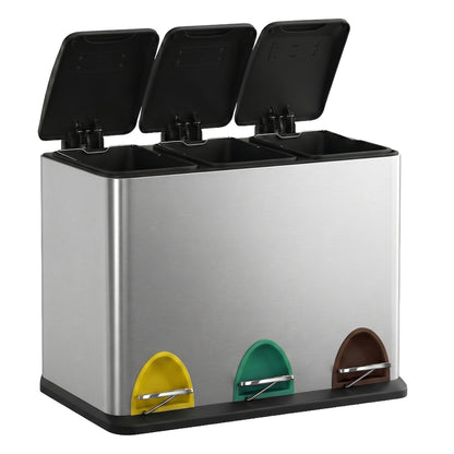 3 x 8 L Metal Kitchen Rubbish Bin, Pedal Trash Bin for Waste and Recycling, with Lids and Inner Buckets - image 2