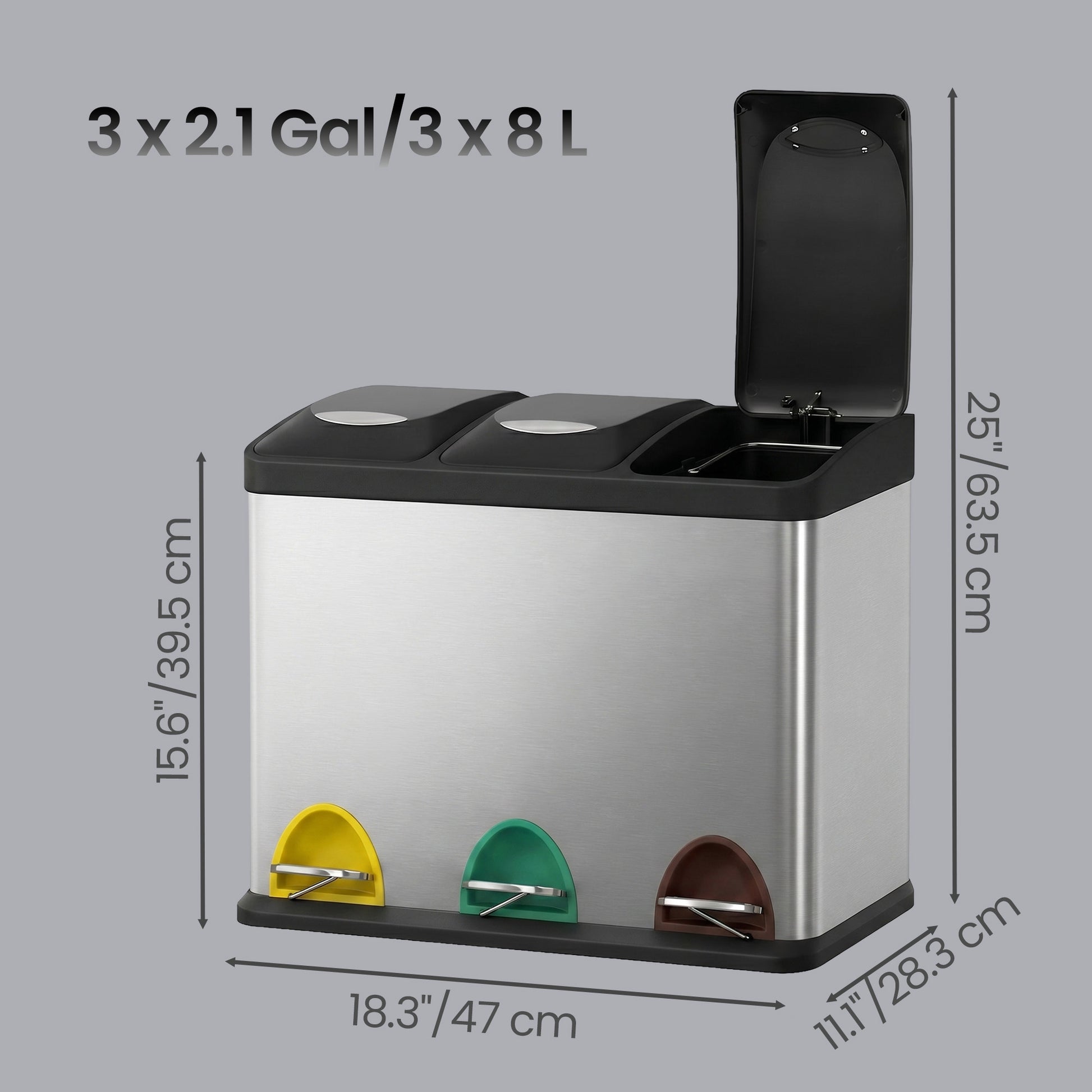 3 x 8 L Metal Kitchen Rubbish Bin, Pedal Trash Bin for Waste and Recycling, with Lids and Inner Buckets - image 3