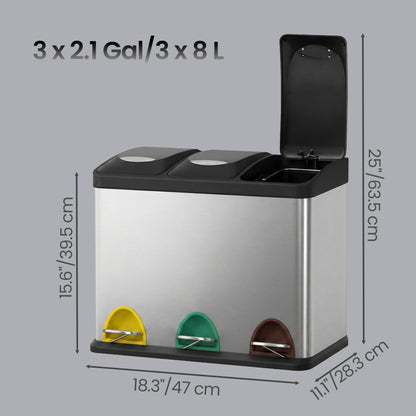 3 x 8 L Metal Kitchen Rubbish Bin, Pedal Trash Bin for Waste and Recycling, with Lids and Inner Buckets - image 3