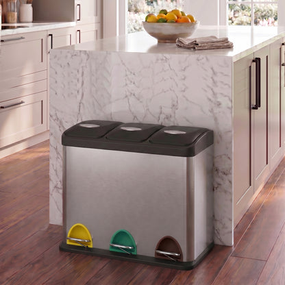 3 x 8 L Metal Kitchen Rubbish Bin, Pedal Trash Bin for Waste and Recycling, with Lids and Inner Buckets - image 4