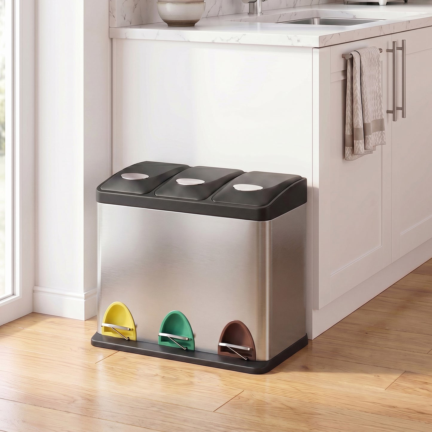 3 x 8 L Metal Kitchen Rubbish Bin, Pedal Trash Bin for Waste and Recycling, with Lids and Inner Buckets - image 5