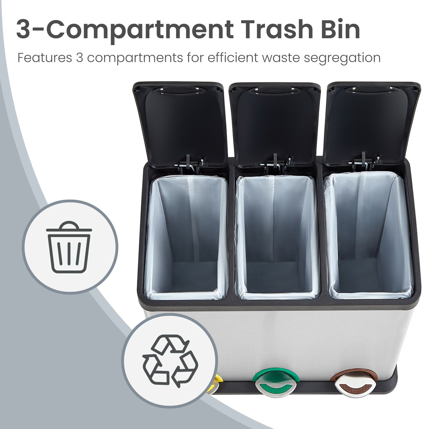 3 x 8 L Metal Kitchen Rubbish Bin, Pedal Trash Bin for Waste and Recycling, with Lids and Inner Buckets - image 6