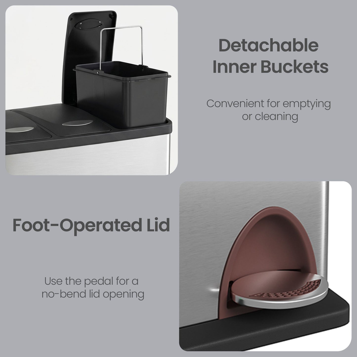 3 x 8 L Metal Kitchen Rubbish Bin, Pedal Trash Bin for Waste and Recycling, with Lids and Inner Buckets - image 7