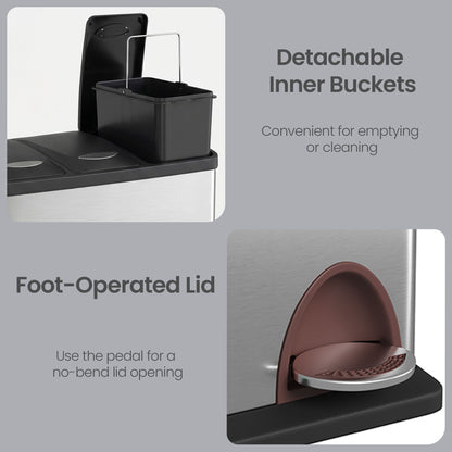 3 x 8 L Metal Kitchen Rubbish Bin, Pedal Trash Bin for Waste and Recycling, with Lids and Inner Buckets - image 7