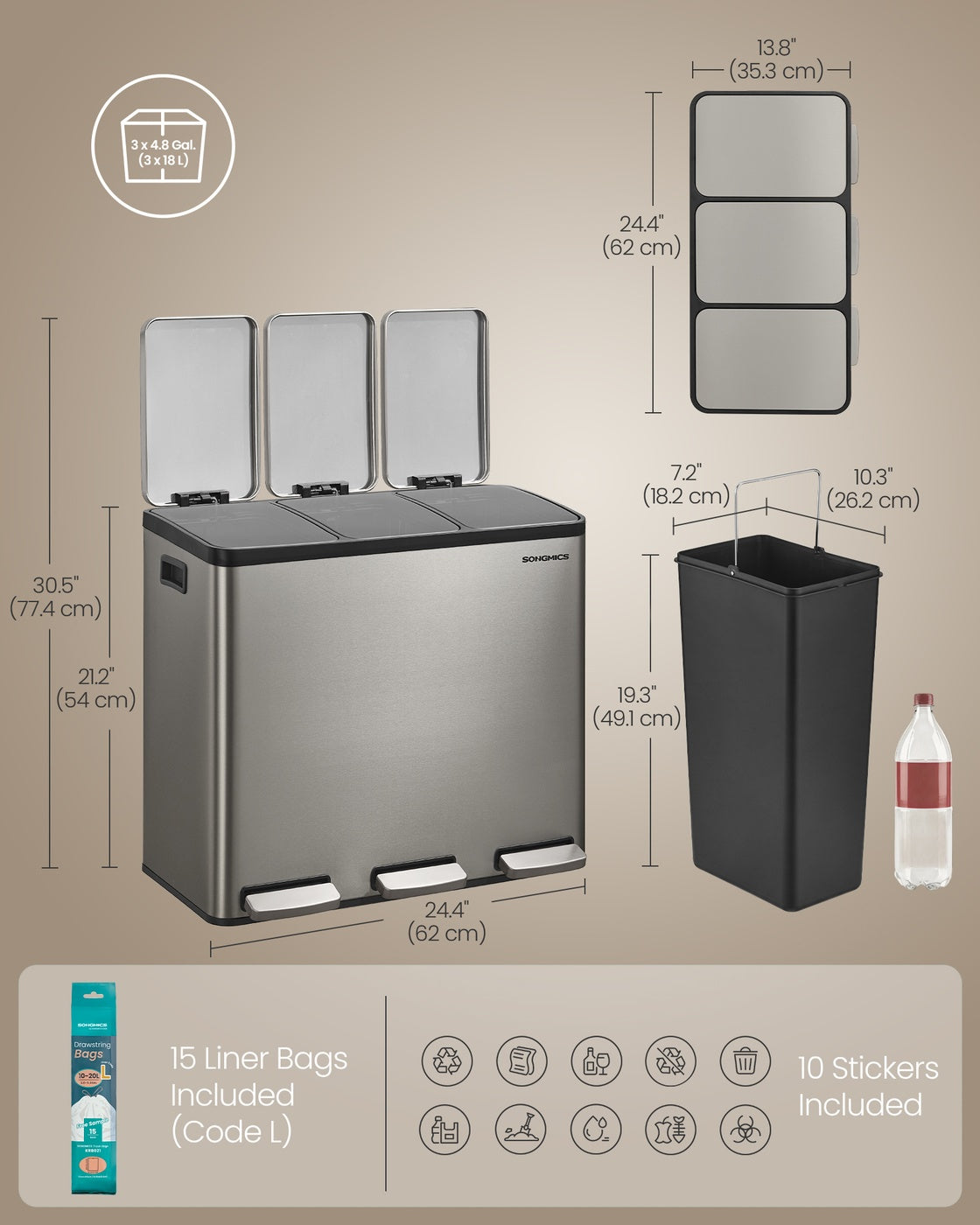 Steel Kitchen Bin with Three 18 L Compartments - image 15