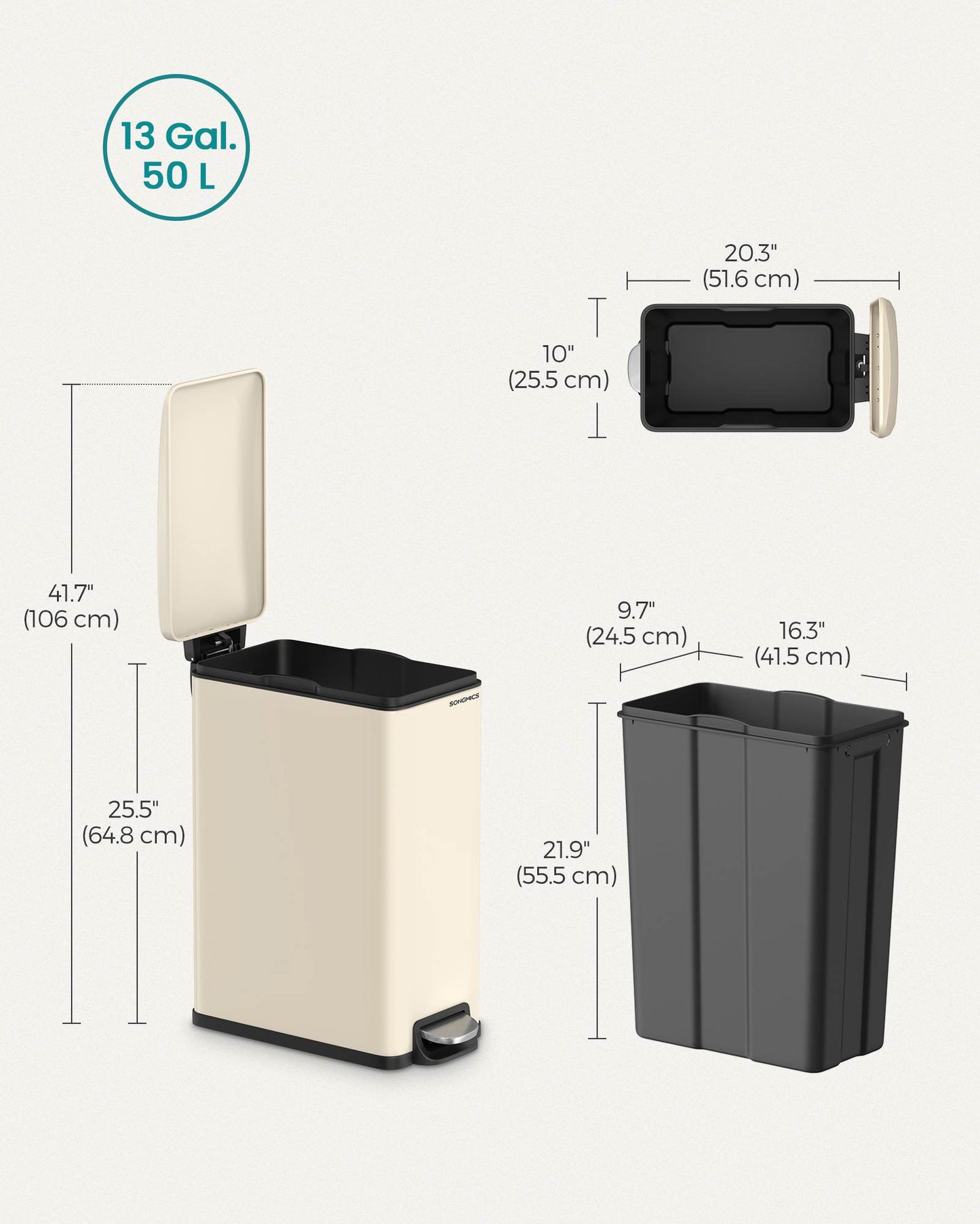 13-Gallon (50 L) Garbage Can for Narrow Spaces with Soft-Close Lid