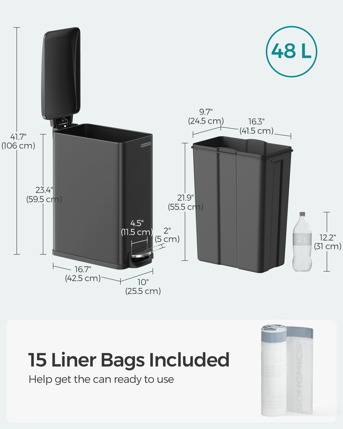 13 Gallon Garbage Can for Narrow Spaces with Soft-Close Lid - HWLEXTRA 