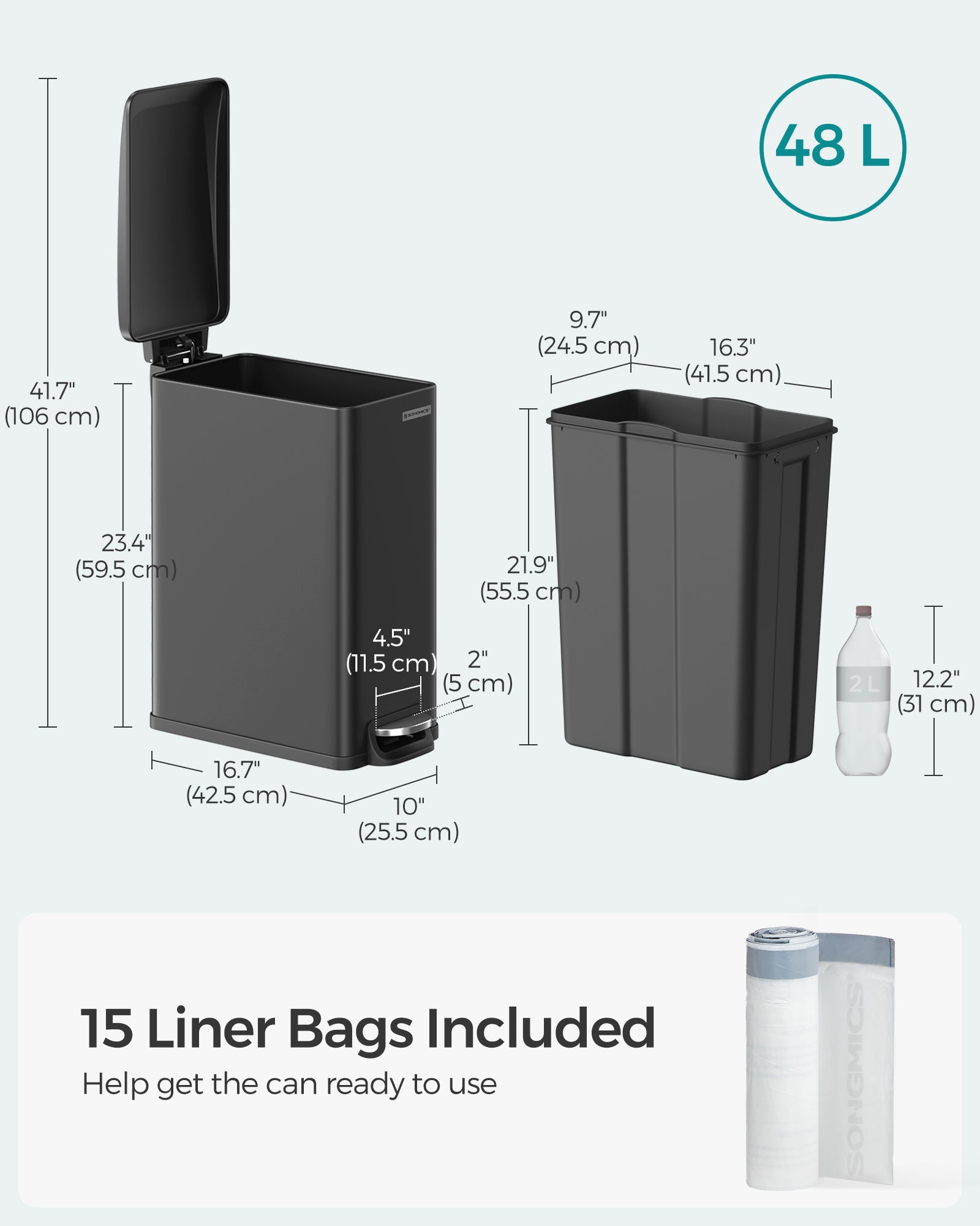 13 Gallon Garbage Can for Narrow Spaces with Soft-Close Lid - HWLEXTRA 