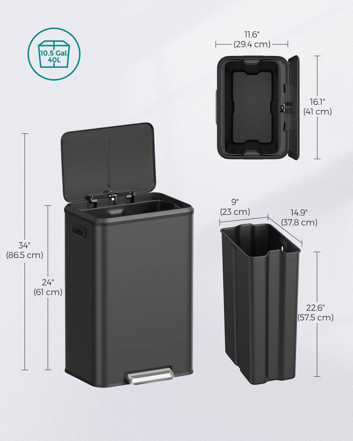 10.5-Gallon (40L) Kitchen Trash Can with Lid and Wide Foot Pedal