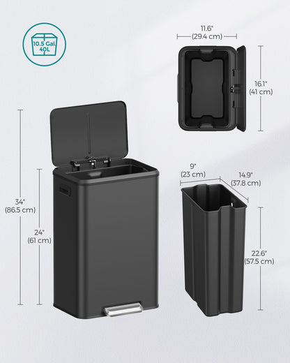 10.5-Gallon (40L) Kitchen Trash Can with Lid and Wide Foot Pedal