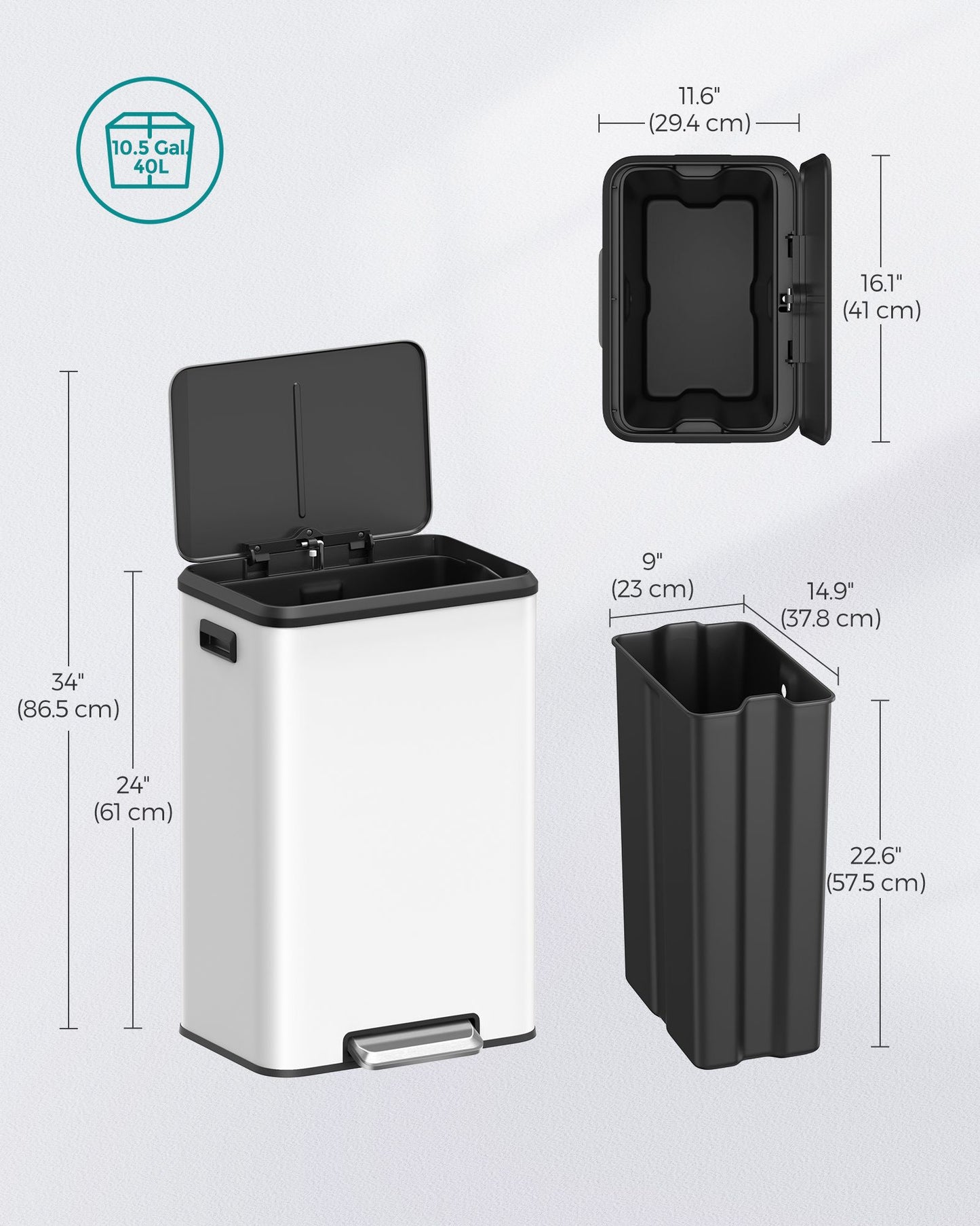 10.5-Gallon (40L) Kitchen Trash Can with Lid and Wide Foot Pedal