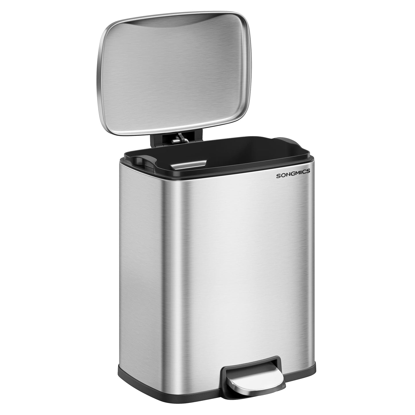 Stainless steel kitchen trash can with soft close lid and inner bucket
