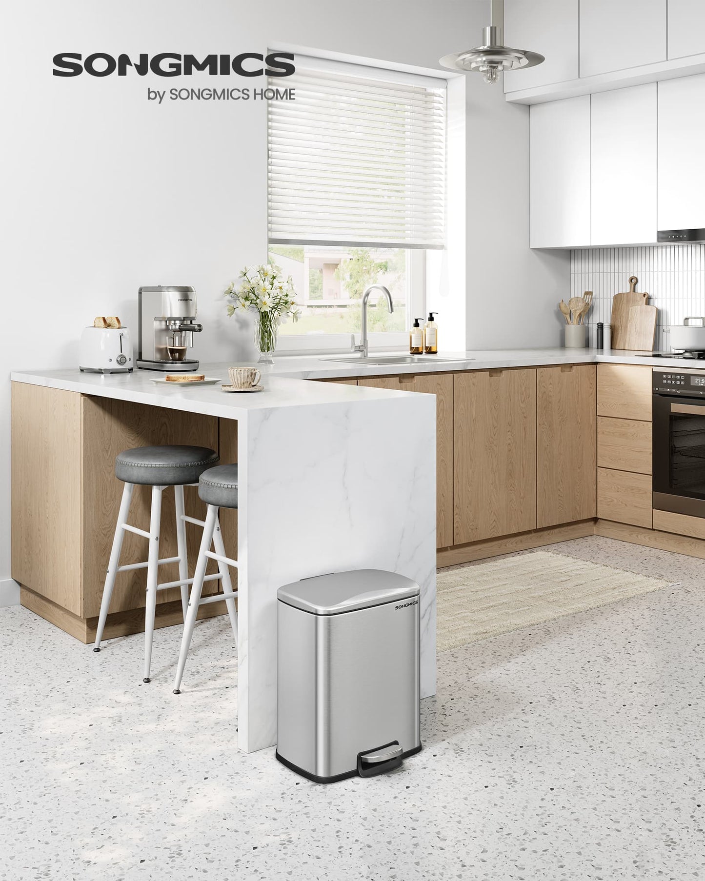 Stainless steel kitchen trash can with soft close lid and inner bucket