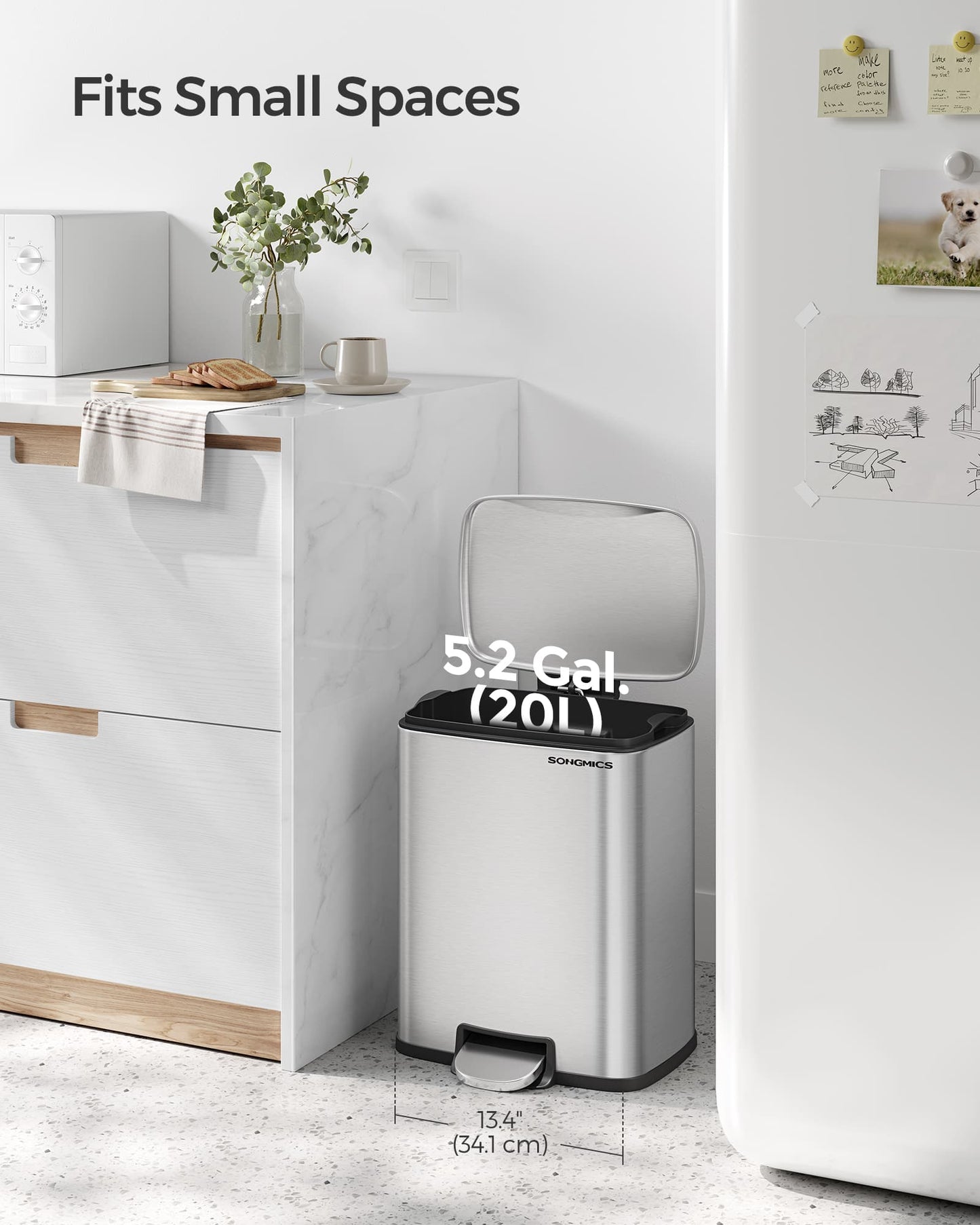Stainless steel kitchen trash can with soft close lid and inner bucket