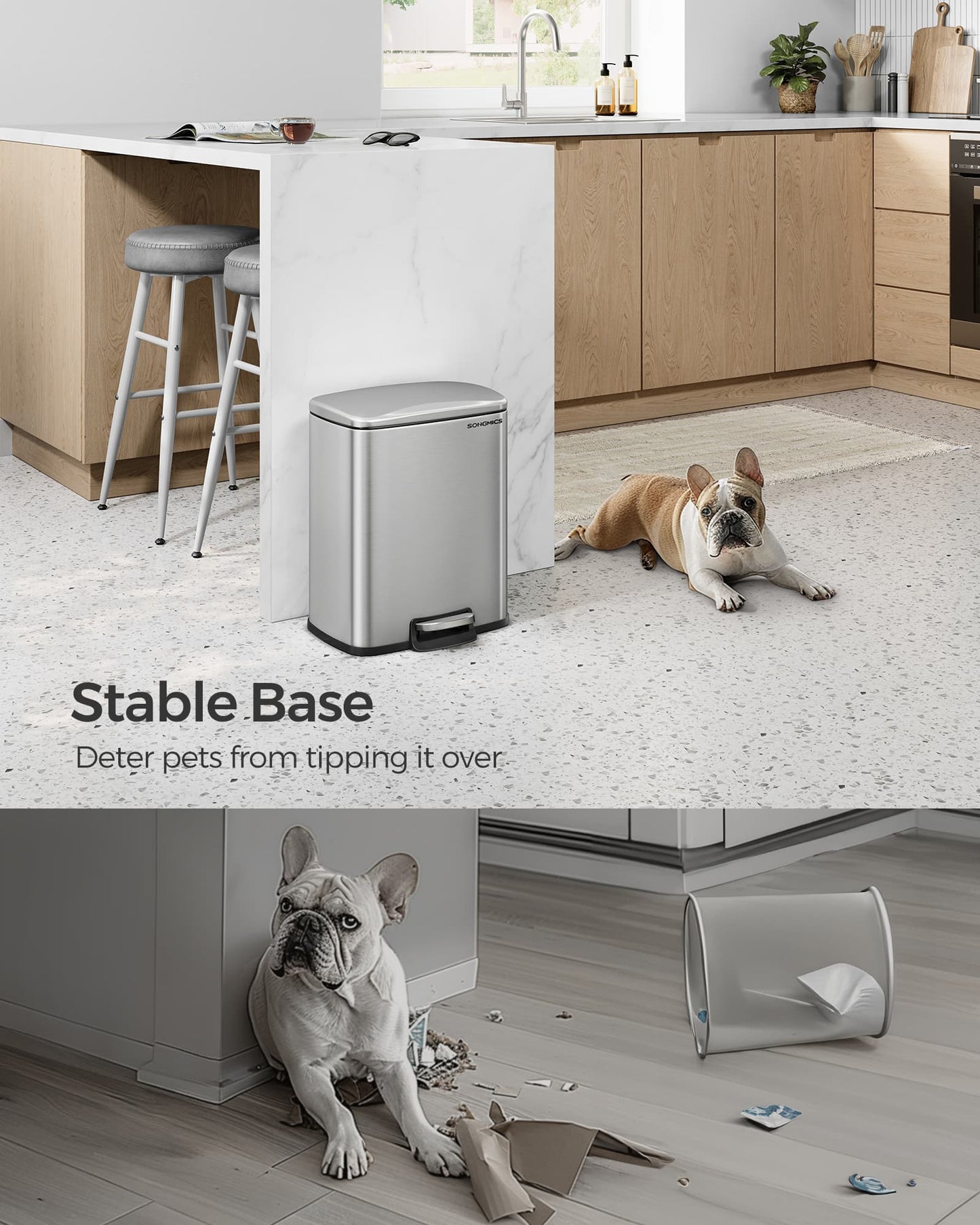 Stainless steel kitchen trash can with soft close lid and inner bucket