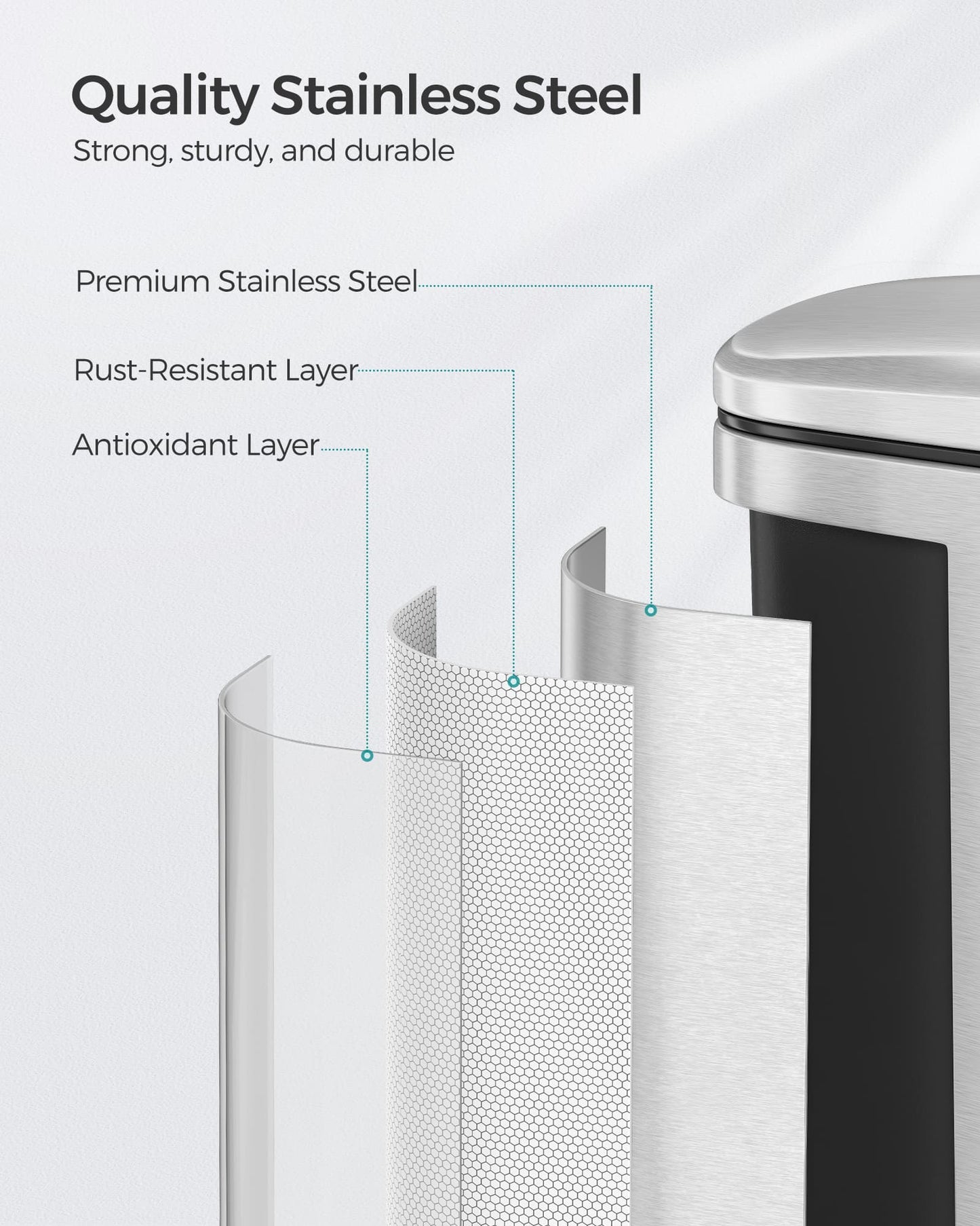 Stainless steel kitchen trash can with soft close lid and inner bucket