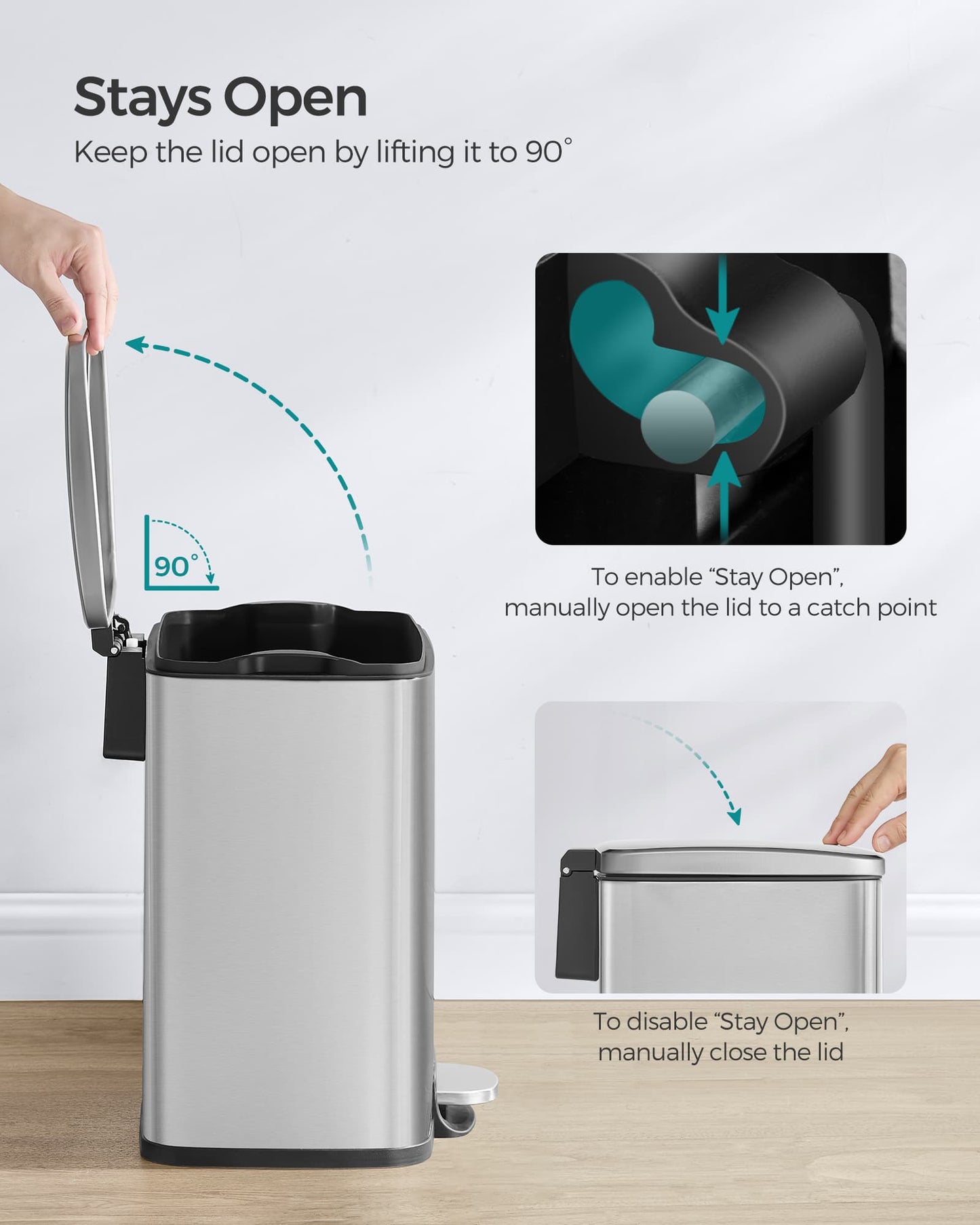 Stainless steel kitchen trash can with soft close lid and inner bucket
