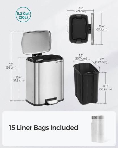 Stainless steel kitchen trash can with soft close lid and inner bucket