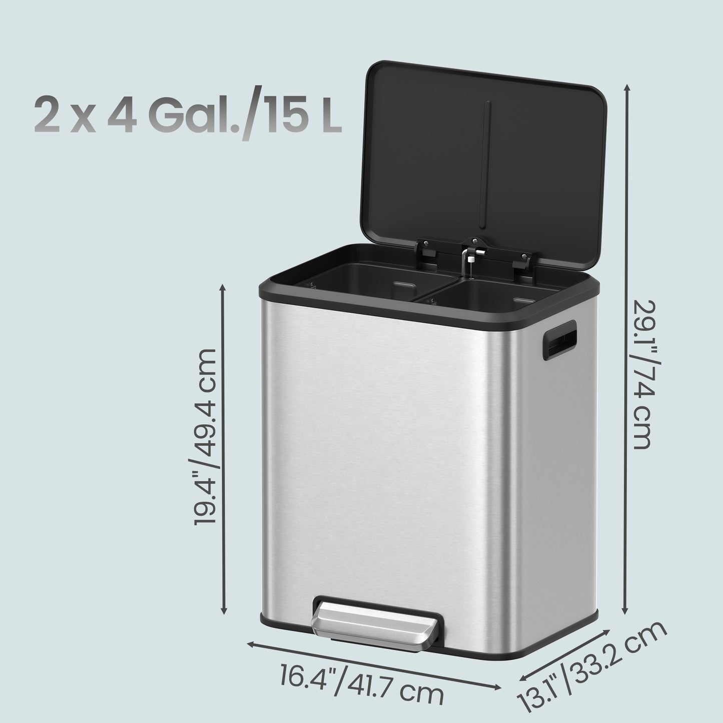 2 x 15 L Kitchen Bin for Recycling and Waste, Rubbish Bin, Soft-Close Lid - image 3