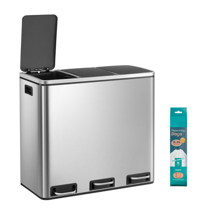Triple Pedal Bin, 54 L Recycling Kitchen Waste Bin, Soft-Close Lids, Steel, for Home, Beige - image 12