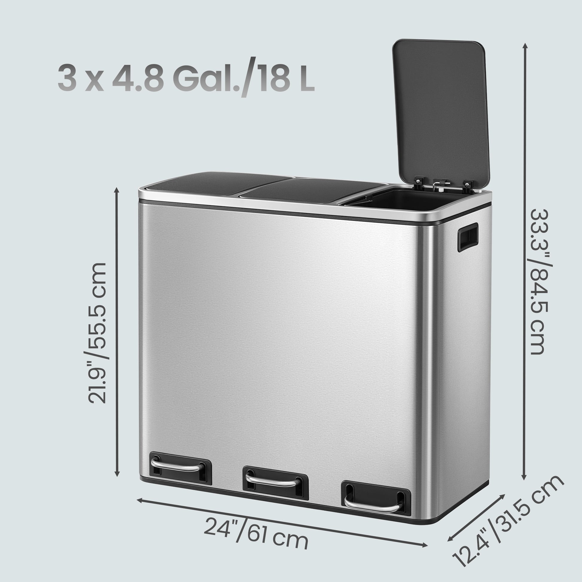 Triple Pedal Bin, 54 L Recycling Kitchen Waste Bin, Soft-Close Lids, Steel, for Home, Beige - image 13