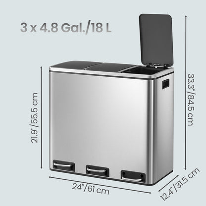 Triple Pedal Bin, 54 L Recycling Kitchen Waste Bin, Soft-Close Lids, Steel, for Home, Beige - image 13