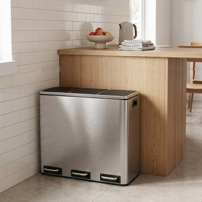 Triple Pedal Bin, 54 L Recycling Kitchen Waste Bin, Soft-Close Lids, Steel, for Home, Beige - image 14