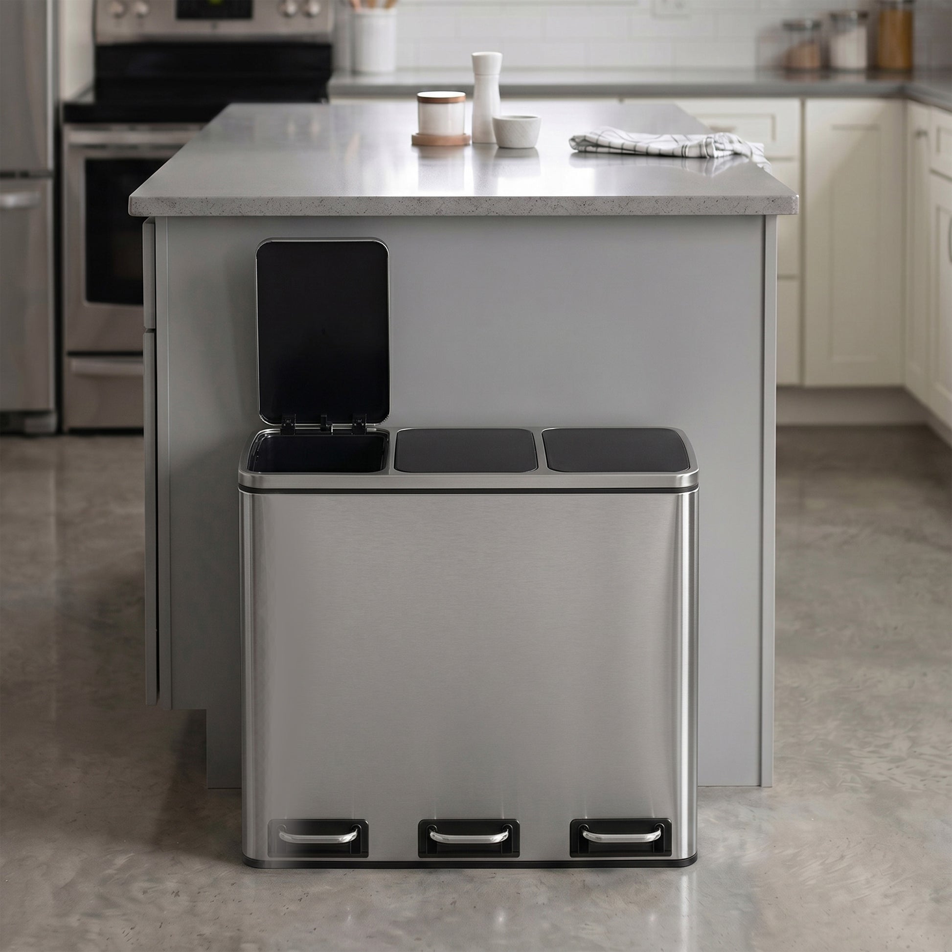 Triple Pedal Bin, 54 L Recycling Kitchen Waste Bin, Soft-Close Lids, Steel, for Home, Beige - image 15
