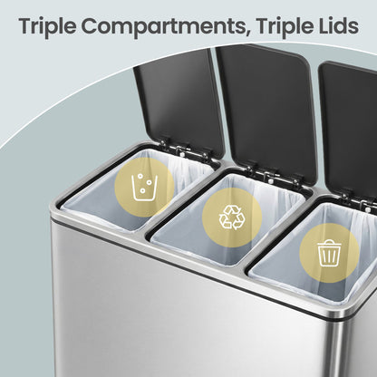 Triple Pedal Bin, 54 L Recycling Kitchen Waste Bin, Soft-Close Lids, Steel, for Home, Beige - image 17