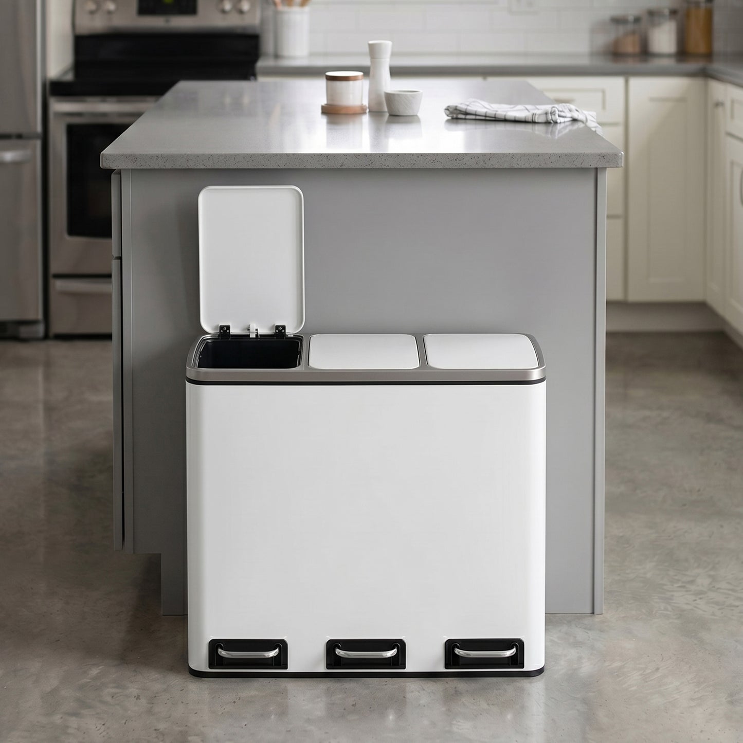 Triple Pedal Bin, 54 L Recycling Kitchen Waste Bin, Soft-Close Lids, Steel, for Home, Beige - image 23