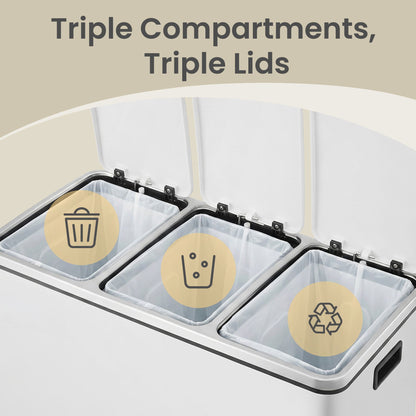 Triple Pedal Bin, 54 L Recycling Kitchen Waste Bin, Soft-Close Lids, Steel, for Home, Beige - image 24