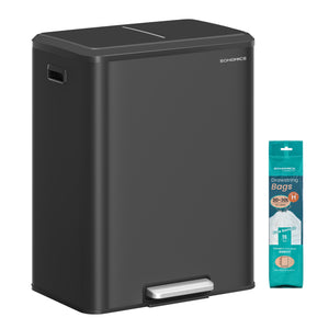 Dual Trash Can, 16 Gallon (2 x 8 Gal), Ink Black, Stainless Steel, Step Pedal, Soft-Close