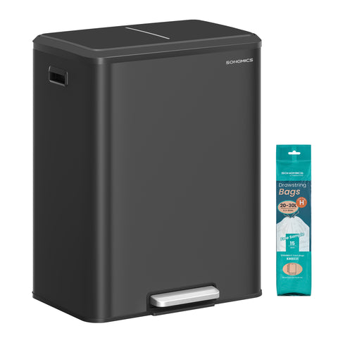 Dual Trash Can, 16 Gallon (2 x 8 Gal), Ink Black, Stainless Steel, Step Pedal, Soft-Close