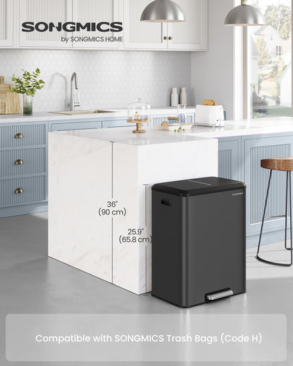 Dual Trash Can, 16 Gallon (2 x 8 Gal), Metallic Silver, Stainless Steel, Step Pedal, Soft-Close Lid