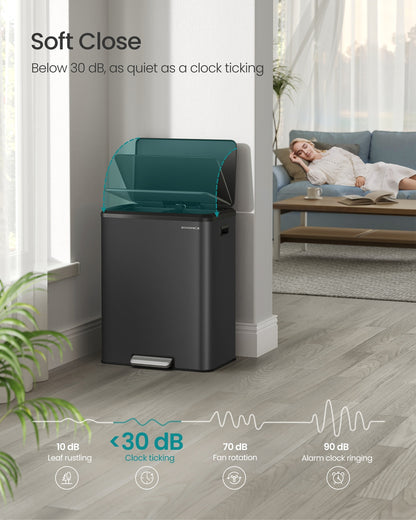 Dual Trash Can, 16 Gallon (2 x 8 Gal), Metallic Silver, Stainless Steel, Step Pedal, Soft-Close Lid