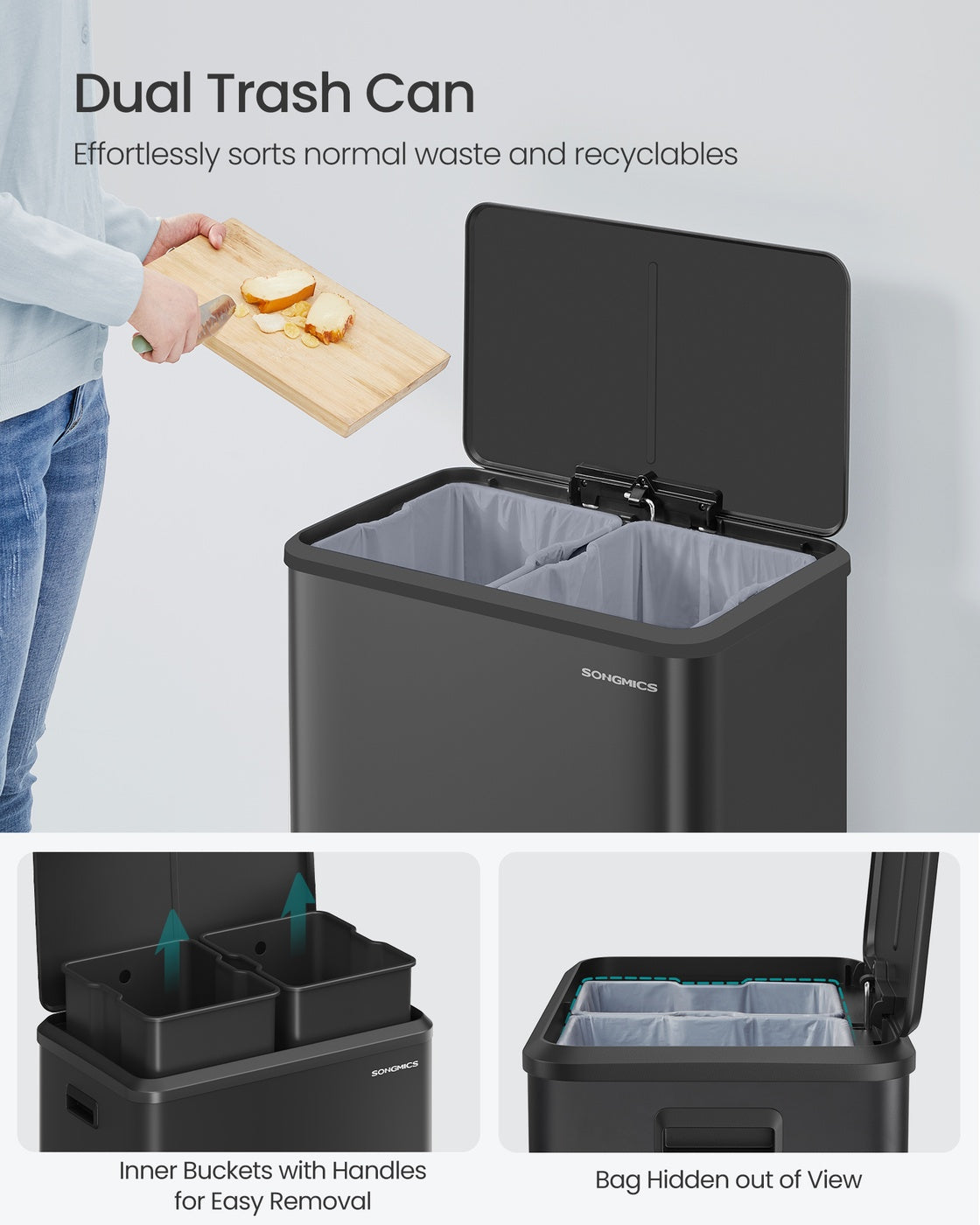 Dual Trash Can, 16 Gallon (2 x 8 Gal), Metallic Silver, Stainless Steel, Step Pedal, Soft-Close Lid