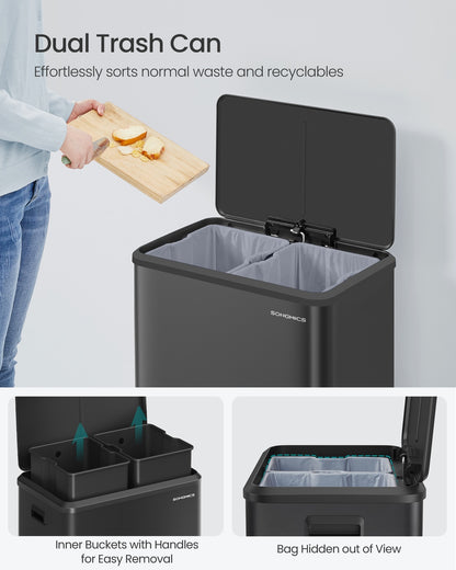 Dual Trash Can, 16 Gallon (2 x 8 Gal), Metallic Silver, Stainless Steel, Step Pedal, Soft-Close Lid
