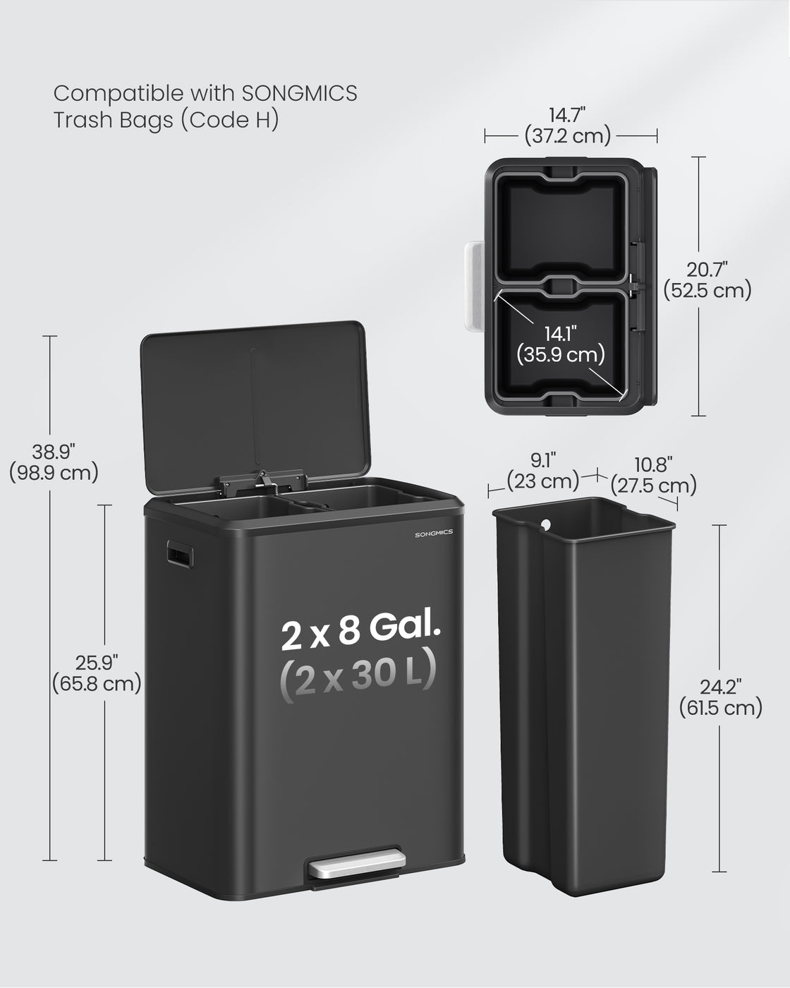 Dual Trash Can, 16 Gallon (2 x 8 Gal), Metallic Silver, Stainless Steel, Step Pedal, Soft-Close Lid
