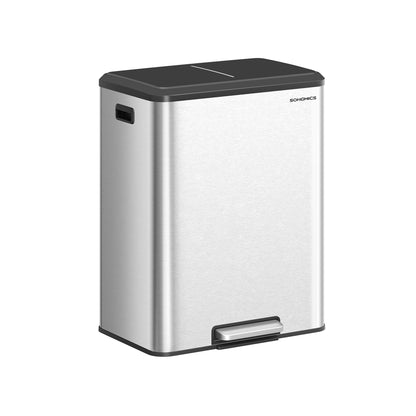 Dual Trash Can, 16 Gallon (2 x 8 Gal), Metallic Silver, Stainless Steel, Step Pedal, Soft-Close Lid