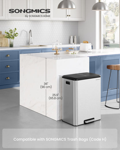 Dual Trash Can, 16 Gallon (2 x 8 Gal), Metallic Silver, Stainless Steel, Step Pedal, Soft-Close Lid