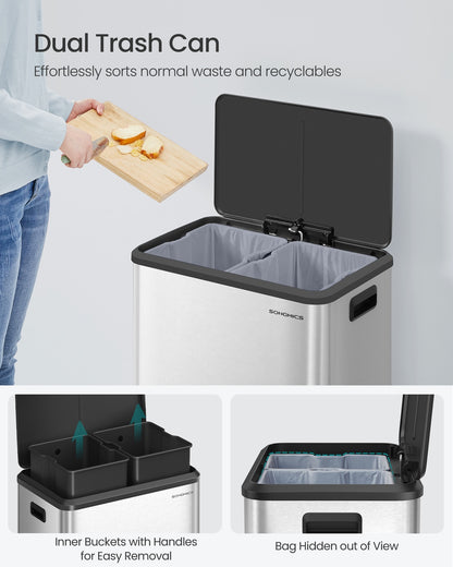 Dual Trash Can, 16 Gallon (2 x 8 Gal), Metallic Silver, Stainless Steel, Step Pedal, Soft-Close Lid