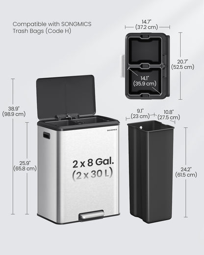 Dual Trash Can, 16 Gallon (2 x 8 Gal), Metallic Silver, Stainless Steel, Step Pedal, Soft-Close Lid