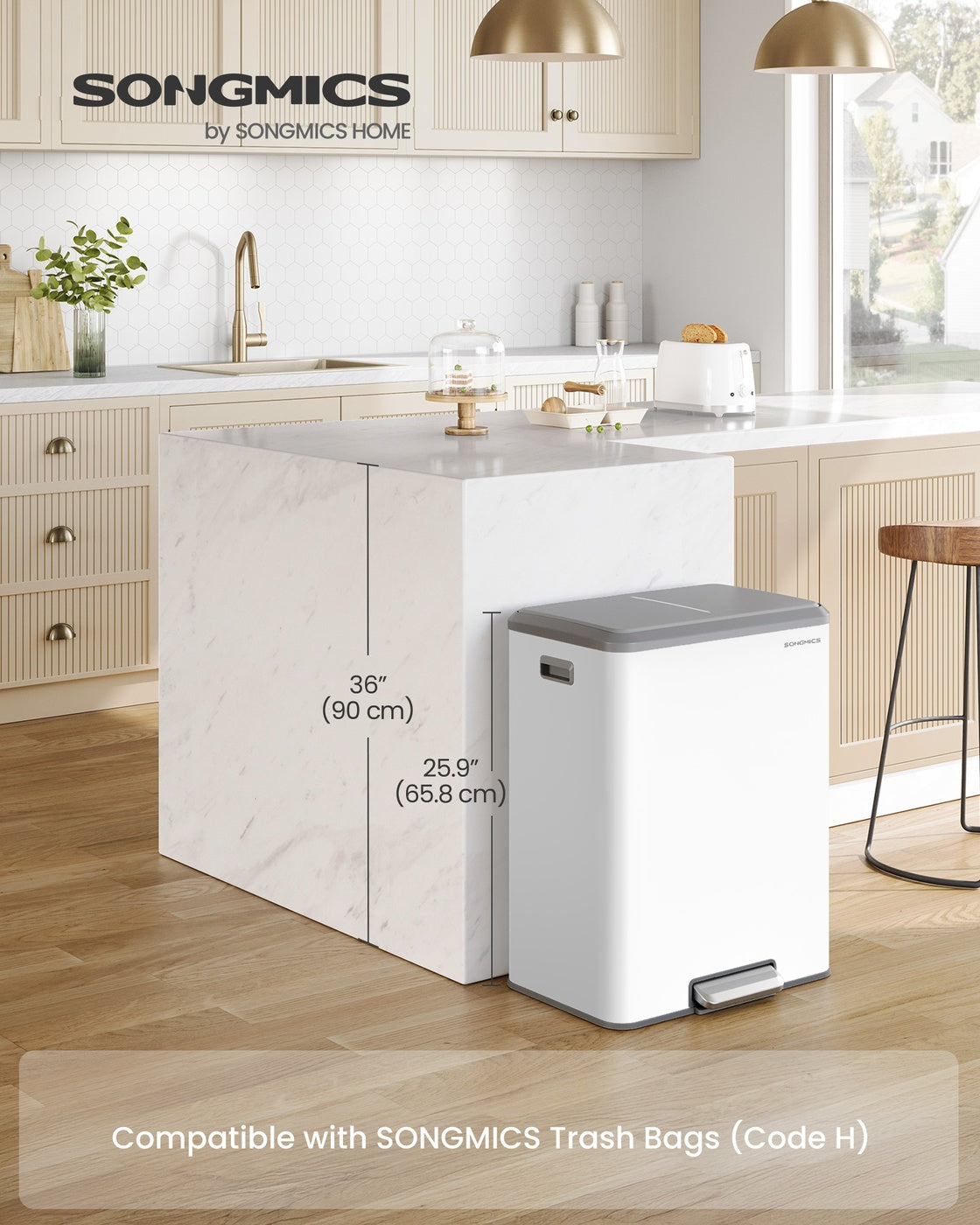 Dual Trash Can, 16 Gallon (2 x 8 Gal), Metallic Silver, Stainless Steel, Step Pedal, Soft-Close Lid