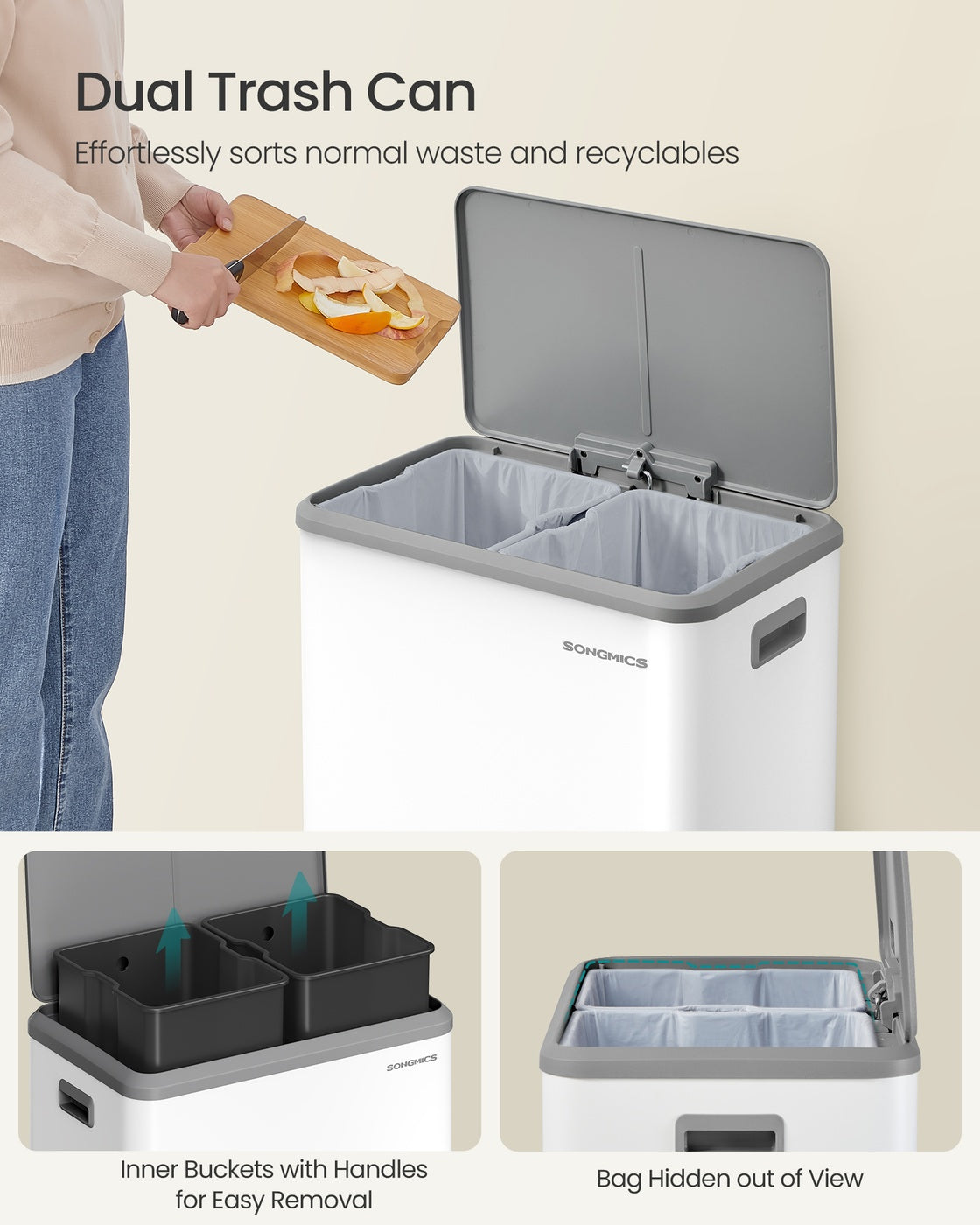 Dual Trash Can, 16 Gallon (2 x 8 Gal), Metallic Silver, Stainless Steel, Step Pedal, Soft-Close Lid