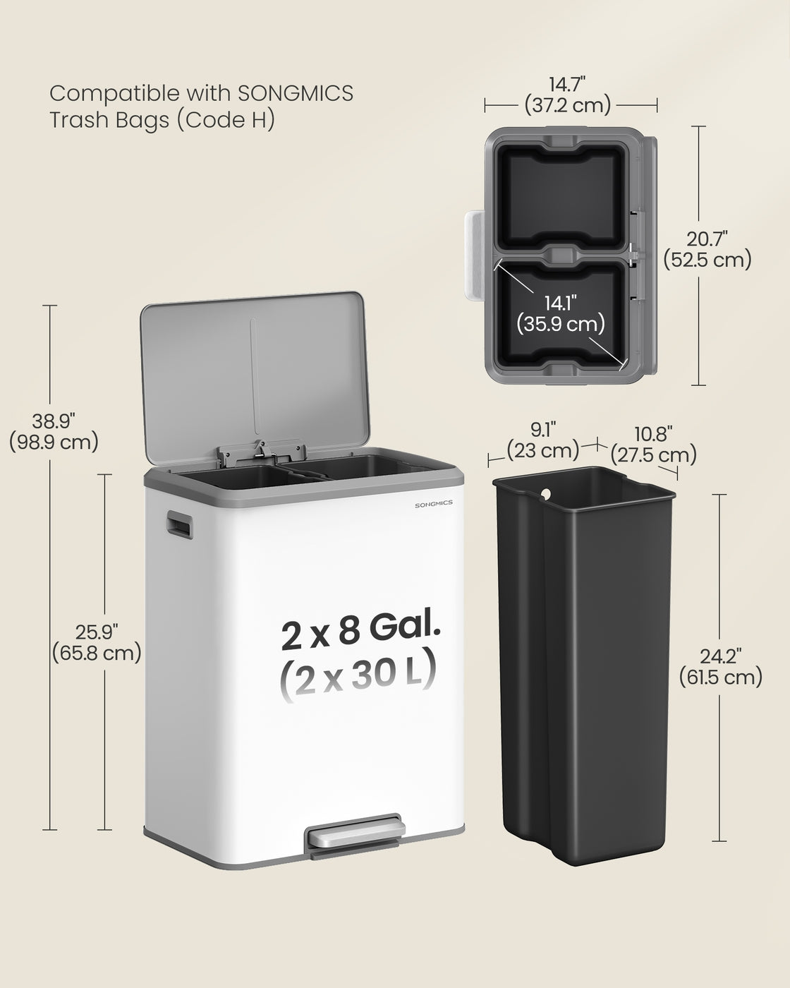 Dual Trash Can, 16 Gallon (2 x 8 Gal), Metallic Silver, Stainless Steel, Step Pedal, Soft-Close Lid