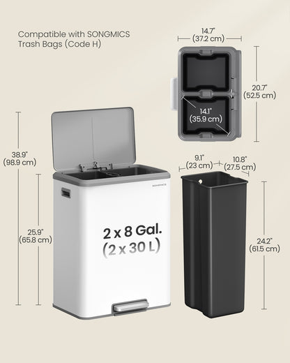 Dual Trash Can, 16 Gallon (2 x 8 Gal), Metallic Silver, Stainless Steel, Step Pedal, Soft-Close Lid