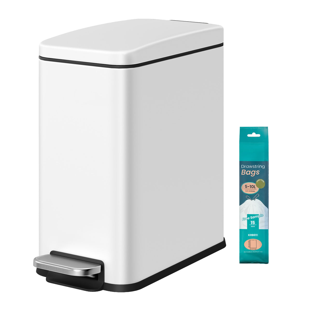 Bathroom Pedal Bin, Soft Close Steel Bin, Slim Design for Bathroom, 10L Capacity, White - image 1
