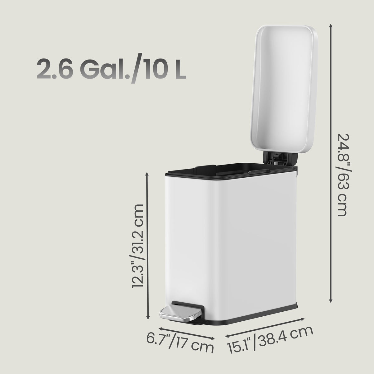 Bathroom Pedal Bin, Soft Close Steel Bin, Slim Design for Bathroom, 10L Capacity, White - image 3